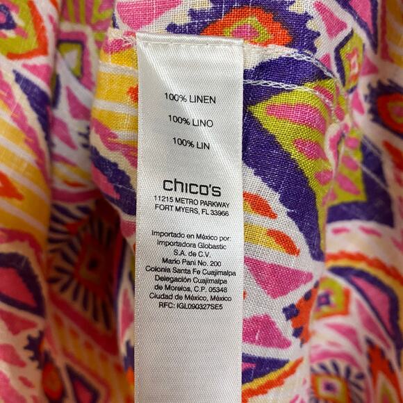 CHICO'S 2 100% Linen No-Iron Shirt Pattern Print Back Button Detail 3/4 Sleeves - Picture 9 of 10